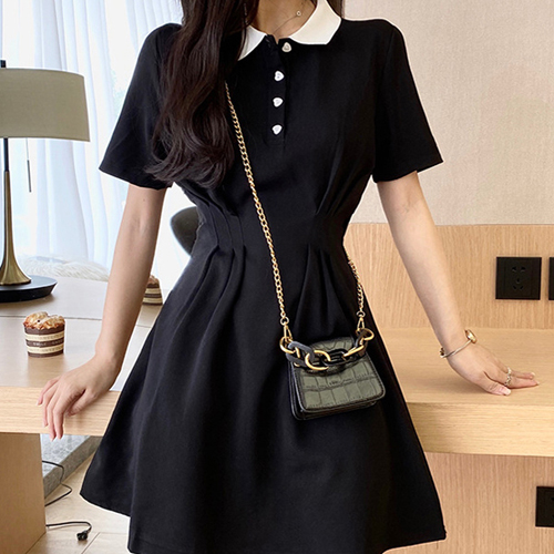 DHH-D72  여성 카라배색 하트 단추 반팔 원피스 
